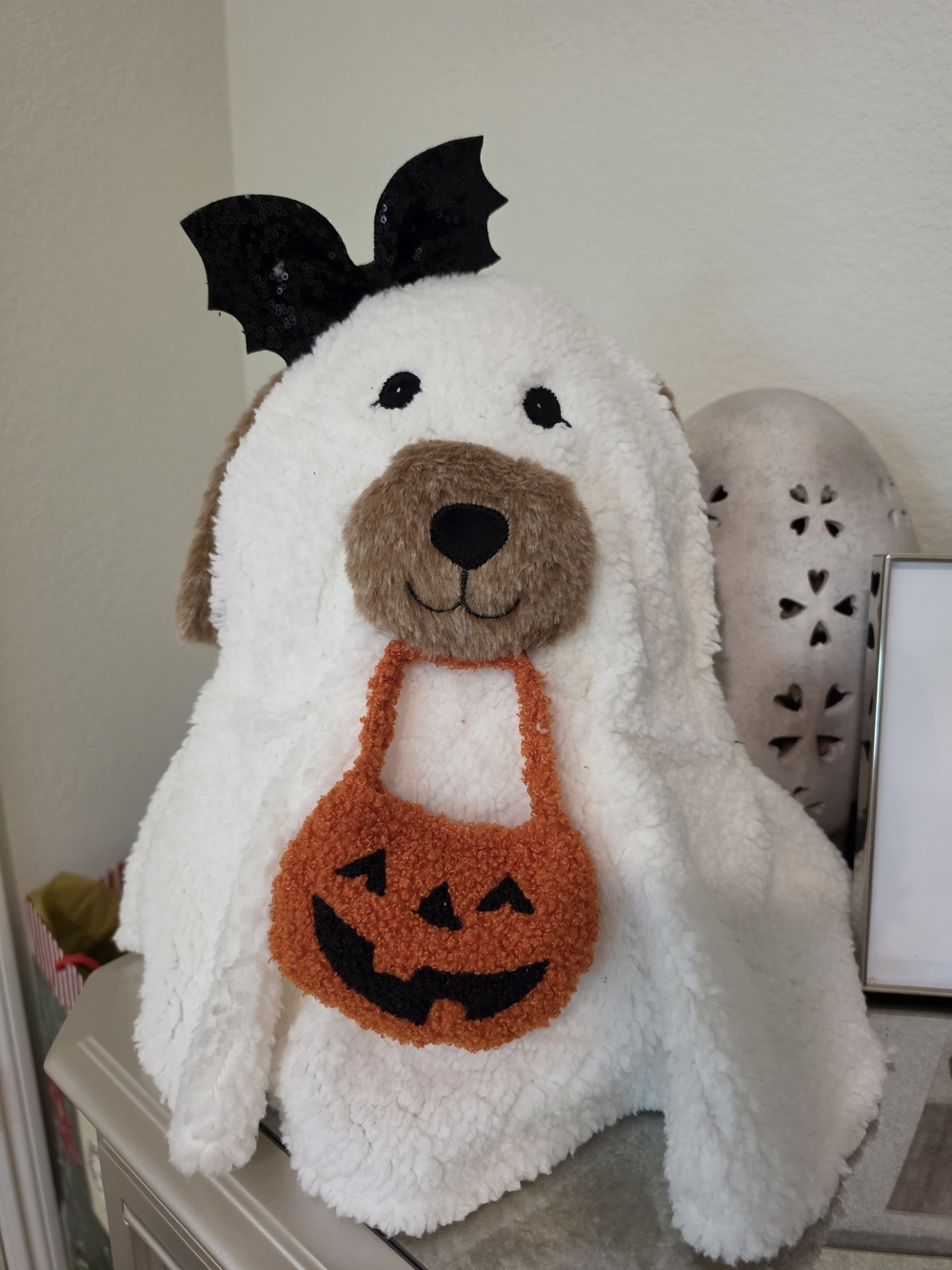 Stuffed White Plush Ghost Dog Costume with Orange Pumpkin Bag